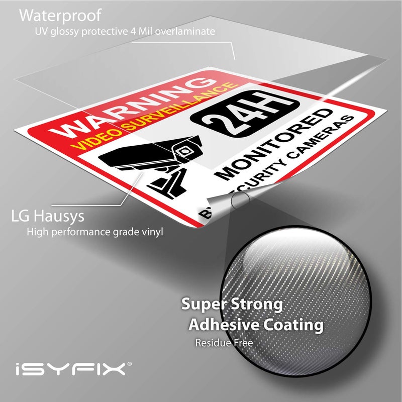 iSYFIX Video Surveillance Warning Sign Sticker - 4 Pack 7x6 inch â€“ Premium Self-Adhesive Vinyl, Laminated for Ultimate UV Protection, Weather, Scratch, Water & Fade Resistance, Indoor & Outdoor - Image 2